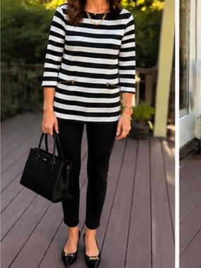 Boden Black and White Striped 3/4 Sleeve Shift Top